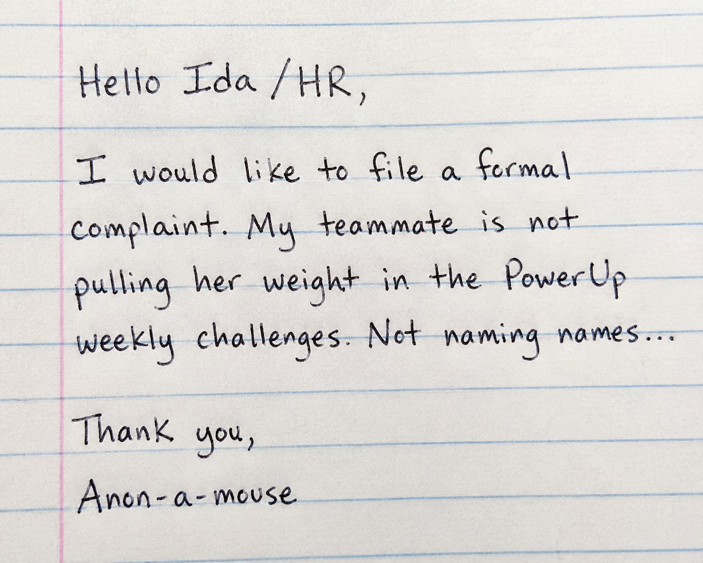 📸 Photo bingo: A handwritten challenge from one teammate to the other