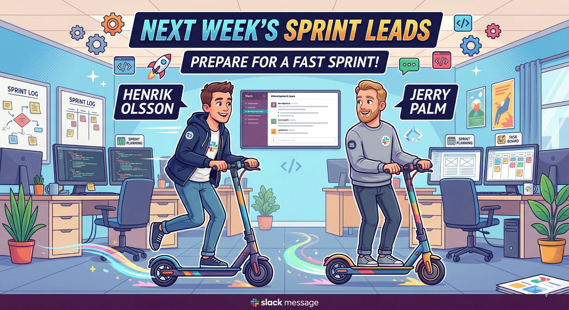 Two developers riding electric scooters in an office setting, promoting an active and energetic sprint week! This depicts light cardio activity with scooter riding as a fun way to stay mobile during work.