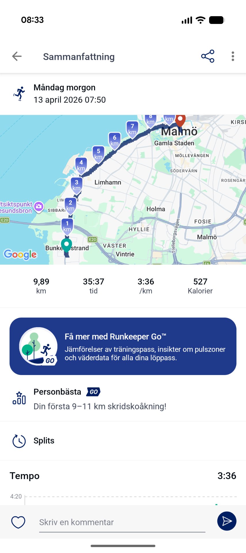 An energetic morning skate covering 9.89 km in 35 minutes and 37 seconds through Malmö, Sweden, with a pace of 3:36 per km and 527 calories burned. The GPS map shows a scenic route starting from Bunkestrands along the coast toward Malmö.