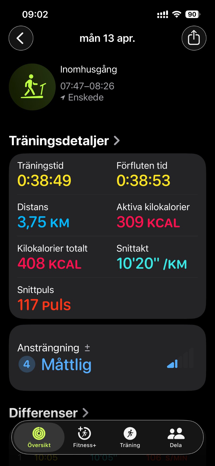 A morning run covering 3.75 km in about 39 minutes, burning 309 active calories with an average pace of 10'20"/km. Great steady-state cardio session!