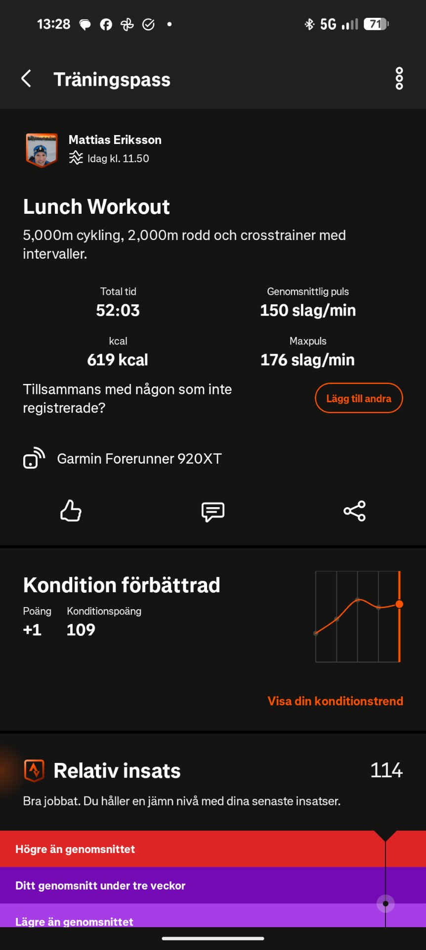 A mixed cardio workout combining 5,000m of cycling with 2,000m of running and crosstrainer intervals. This intense 52-minute lunch workout burned 619 kcal and was tracked on a Garmin Forerunner 920XT.