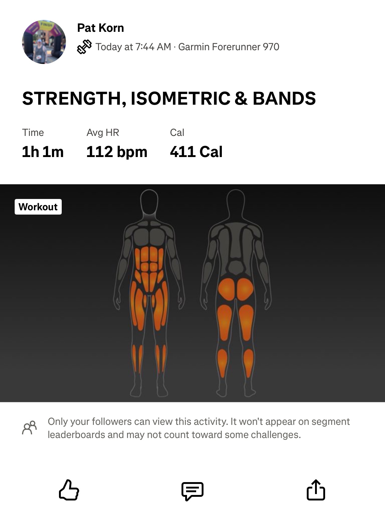 Pat Korn crushed a 1 hour 1 minute strength, isometric & bands workout logged on Garmin Forerunner 970, hitting 411 calories with focused work on core, legs, and lower body muscles!