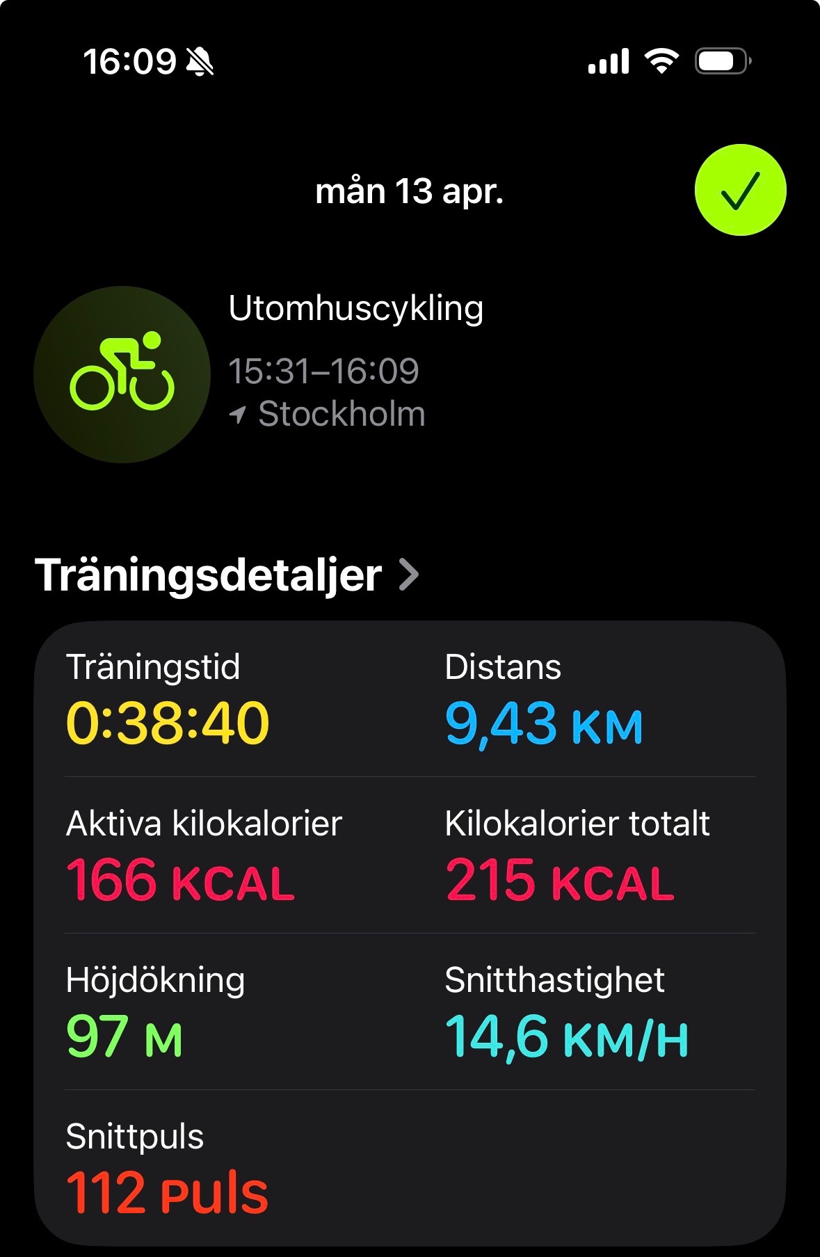 An outdoor cycling session through Stockholm covering 9.43 km in just under 39 minutes at an average speed of 14.6 km/h, burning 215 total calories with 97 meters of elevation gain.