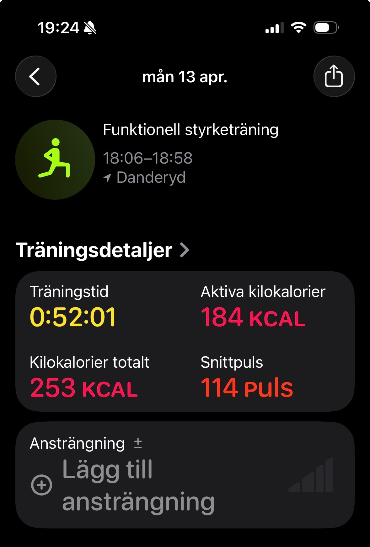 Functional strength training session lasting 52 minutes with 184 active calories burned and a heart rate of 114 bpm. A solid workout focused on functional movement and resistance exercise.