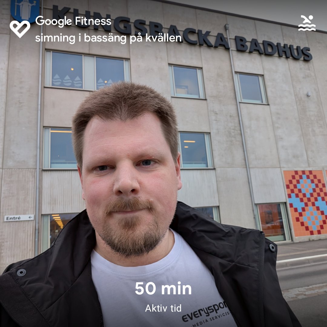Swimming and water activities at the local pool (Badhus). A solid 50-minute aquatic workout combining swimming and pool training!
