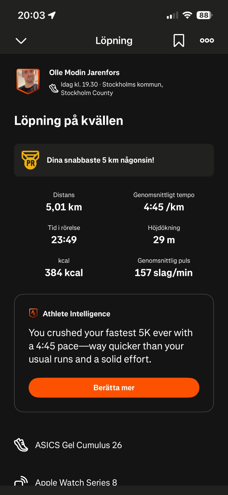 An impressive 5K run completed in 23:49 with an average pace of 4:45/km, burning 384 calories. This was a personal best fastest 5K effort with a quick pace and solid performance!
