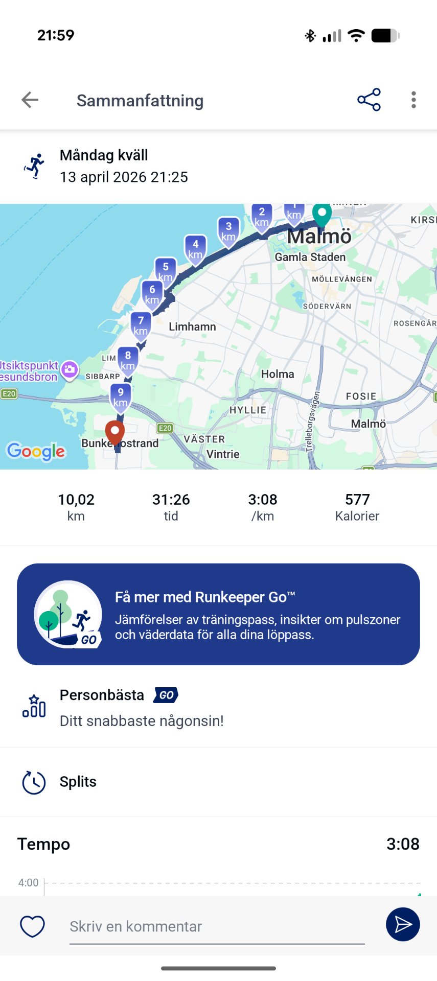 A 10.02 km inline skate in 31:26 with an average pace of 3:08 per km, burning 577 calories. The route tracked through Malmö, Sweden shows a nice outdoor skating session.