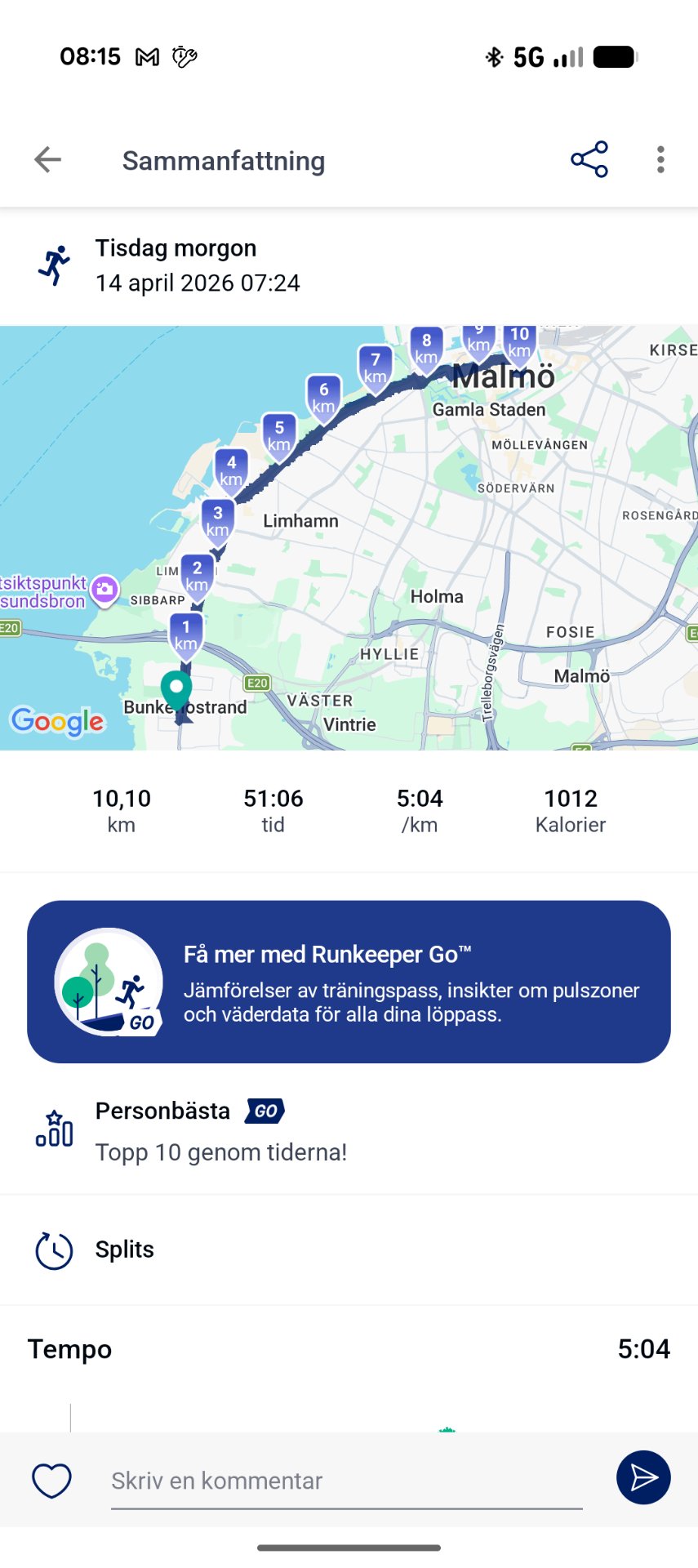 Early morning run in Malmö, Sweden covering 10.10 km in 51 minutes at a steady 5:04/km pace. This was a great aerobic workout burning 1012 calories!