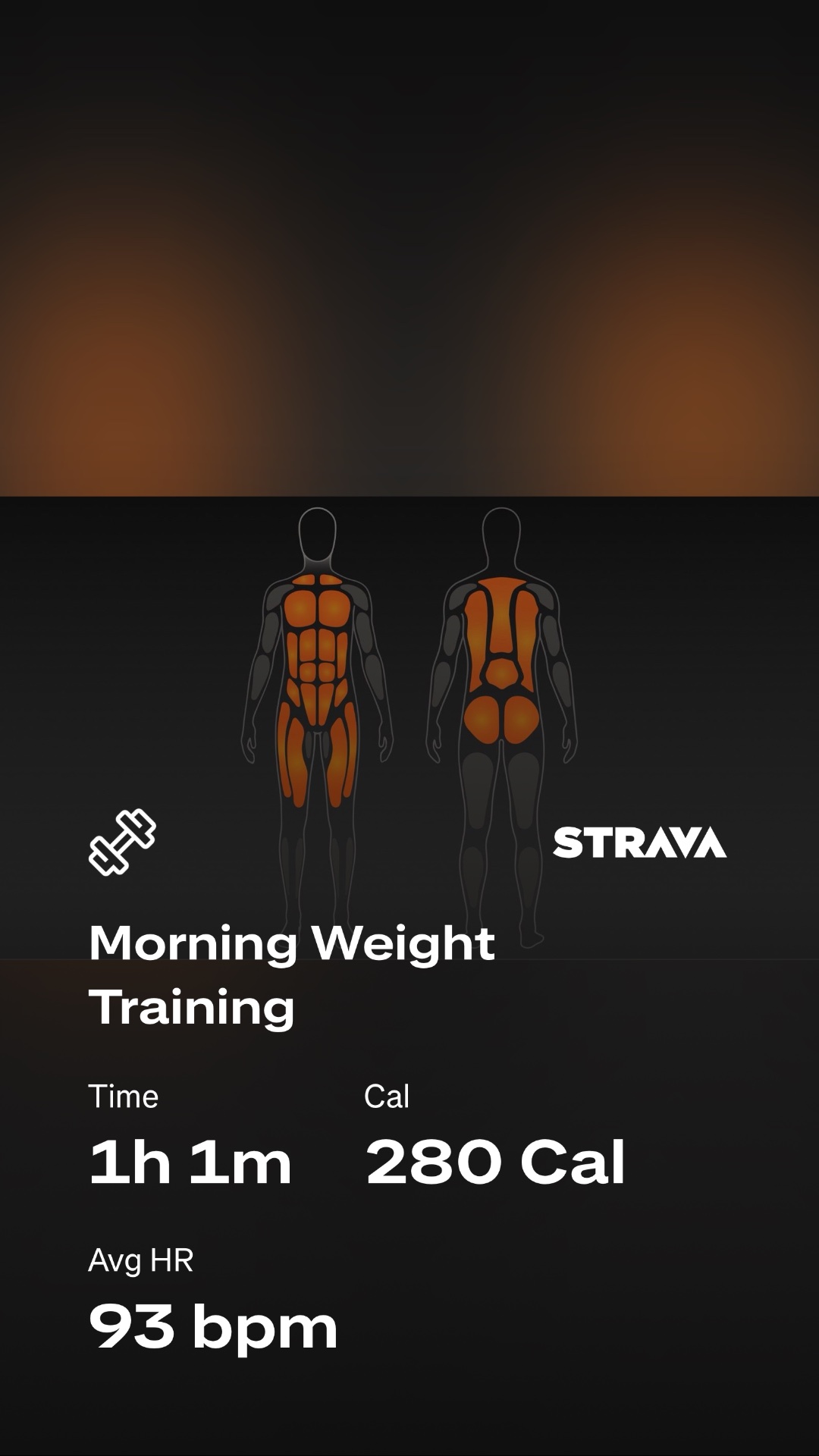 Morning weight training session lasting 1 hour and 1 minute, burning 280 calories with an average heart rate of 93 bpm. A solid strength workout targeting multiple muscle groups!