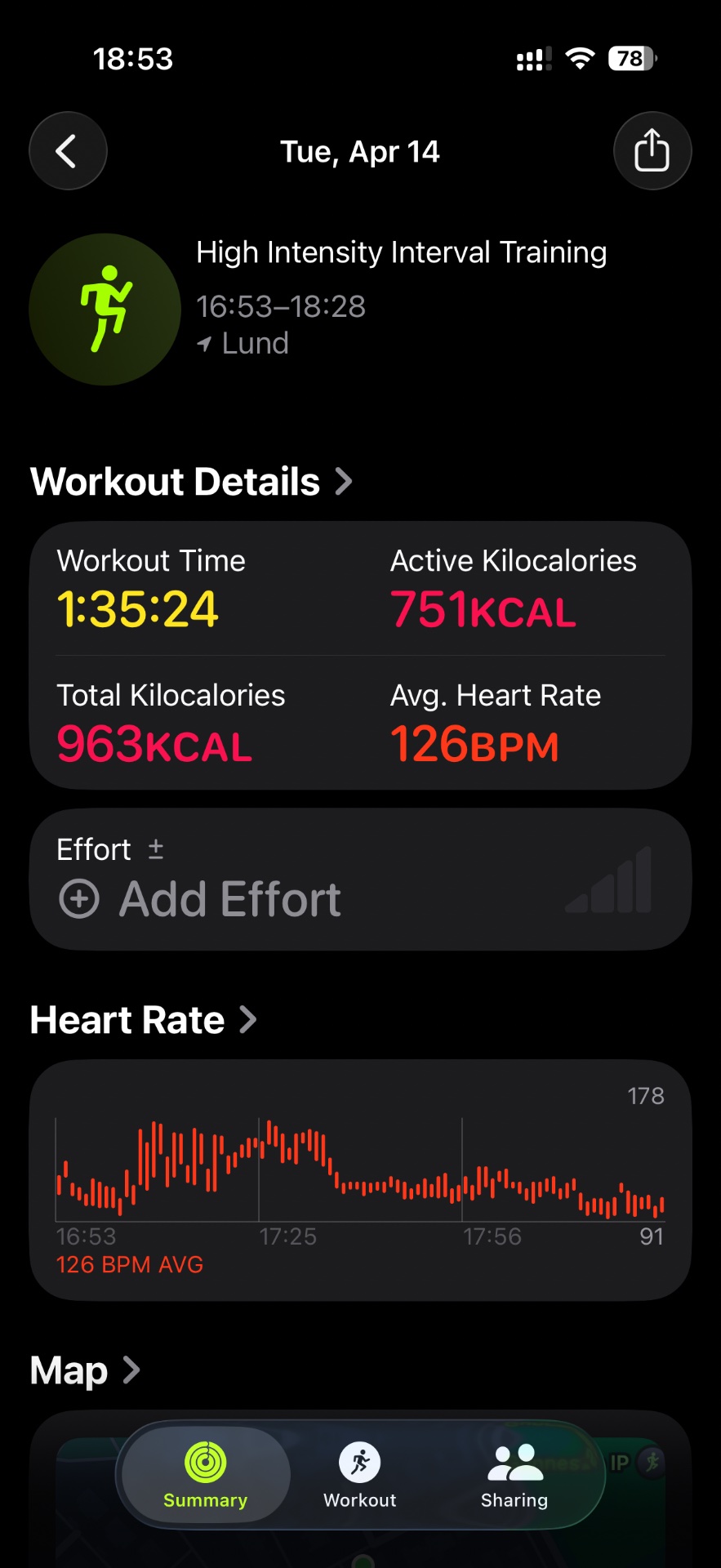 High Intensity Interval Training session completed on Tuesday, April 14th, lasting 1 hour 35 minutes with 963 total calories burned and an average heart rate of 126 BPM.