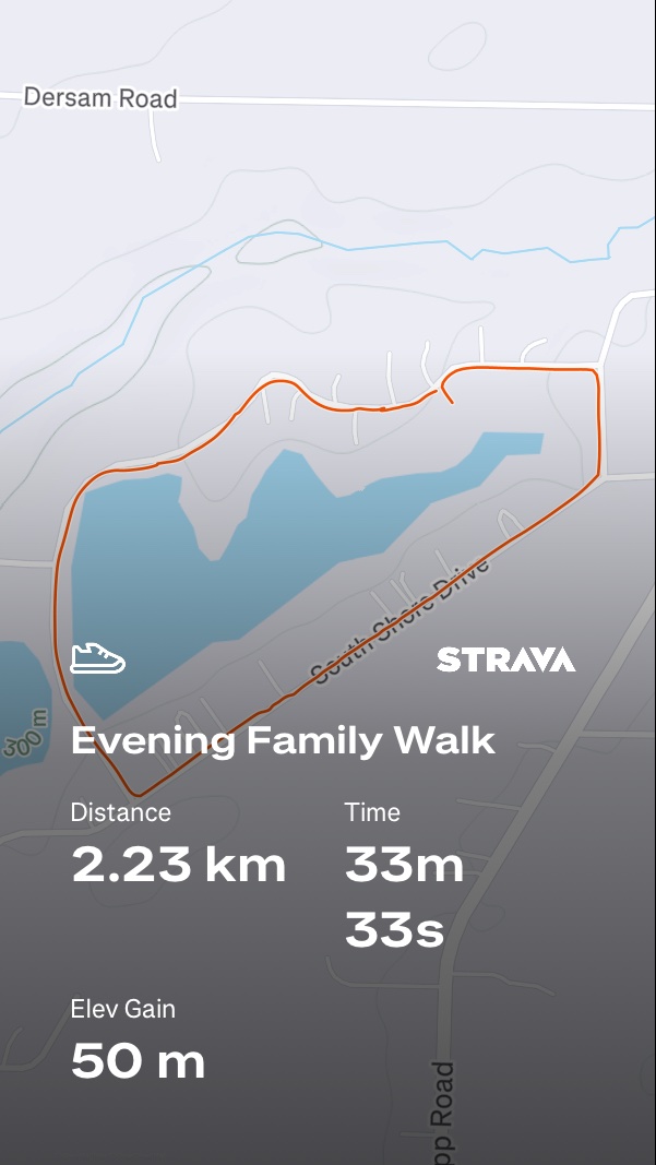 Evening family walk covering 2.23 km with 50m elevation gain, tracked via Strava. A nice leisurely outdoor walking session perfect for family bonding and light cardio activity.