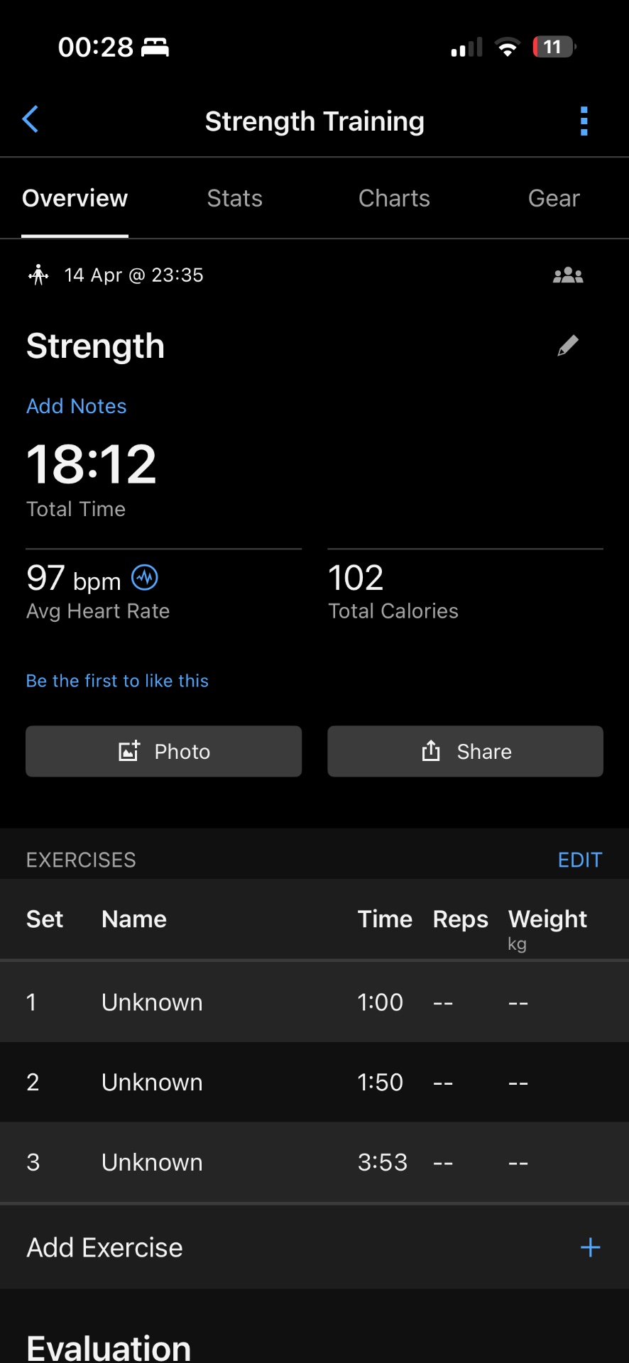 An 18-minute strength training session completed on April 14th with 3 exercises logged, averaging 97 bpm heart rate and burning 102 calories. Great work getting through a solid resistance workout!