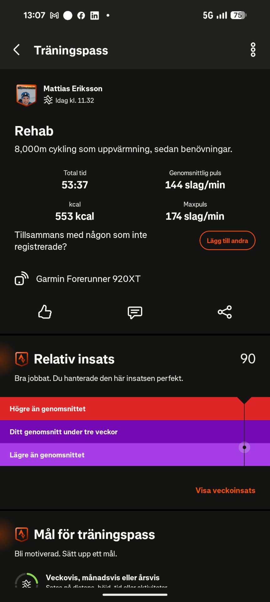 An 8km cycling session logged as a rehab workout with moderate intensity. Completed in 53:37 with 553 kcal burned, tracked via Garmin Forerunner 920XT.