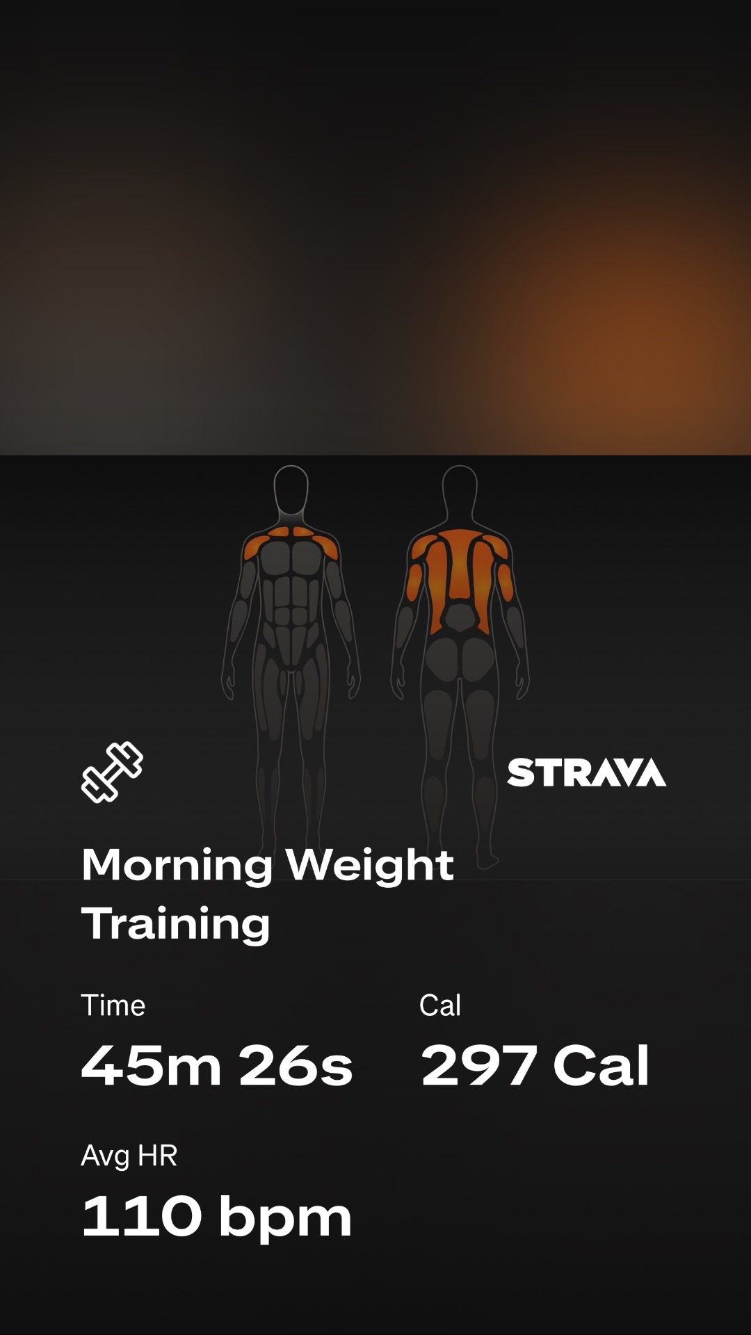 Morning weight training session logged on Strava! A focused 45-minute strength workout that burned 297 calories with an average heart rate of 110 bpm.