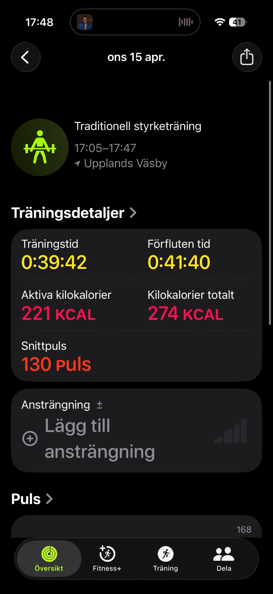 A solid strength training session at Upplands Väsby! This traditional weightlifting workout lasted 42 minutes and burned 221 active calories with 130 heart rate peaks.