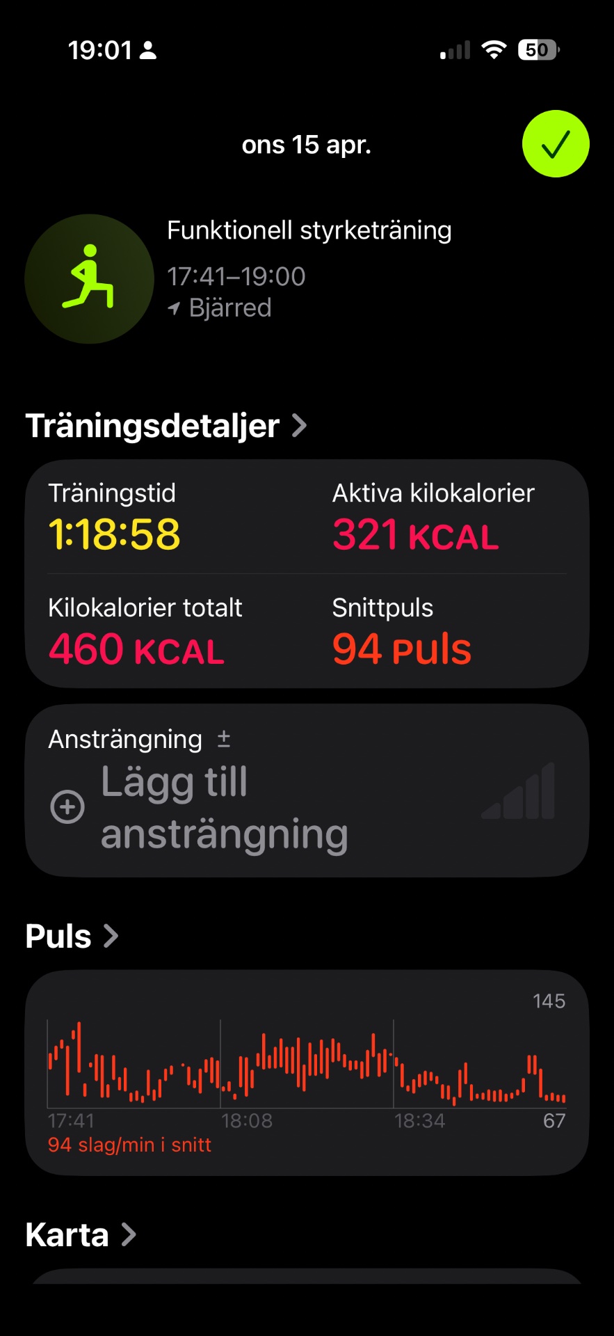 Functional strength training session lasting 1 hour 19 minutes with 321 active calories burned and 94 beats per minute average heart rate. A solid workout combining resistance exercises at Björred.