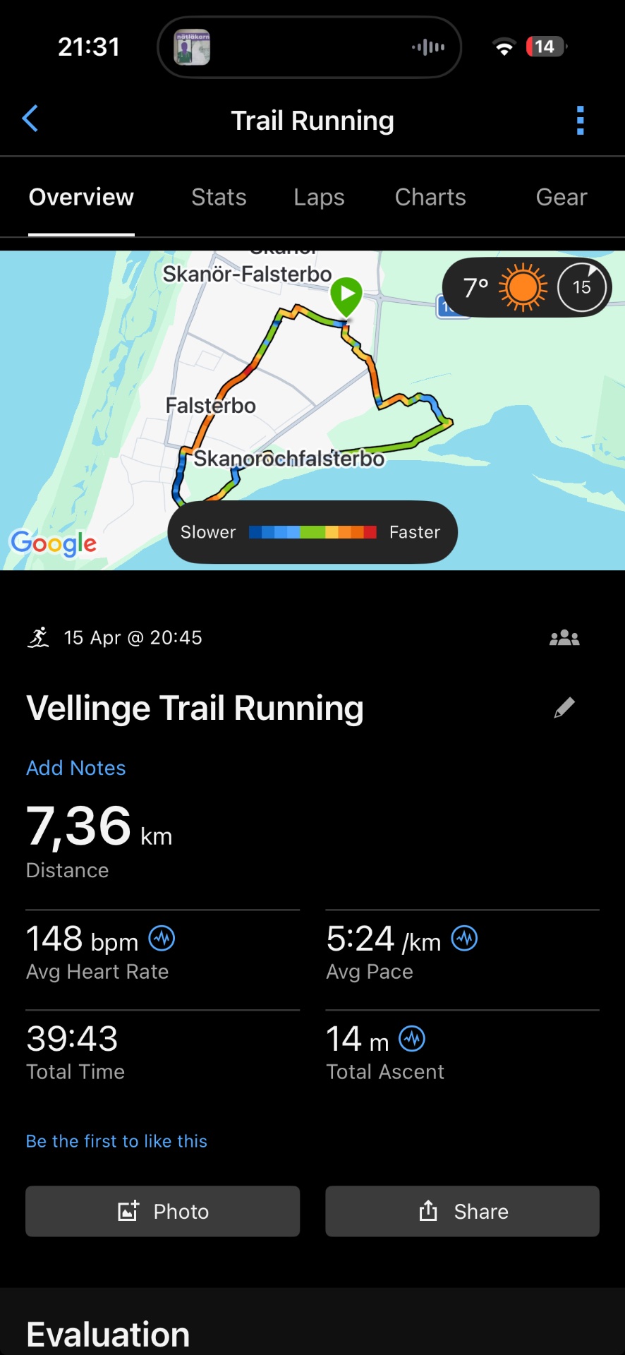 An impressive trail running session covering 7.36 km with 14 m elevation gain, completed in 39:43 at an average pace of 5:24/km with a steady average heart rate of 148 bpm. Beautiful route through the Swedish countryside!