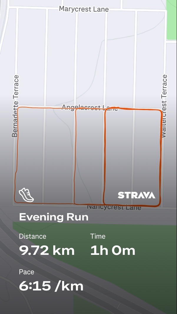Evening run covering 9.72 km in 1 hour at a solid 6:15/km pace! This Strava screenshot shows a great outdoor running session with a consistent effort throughout the route.