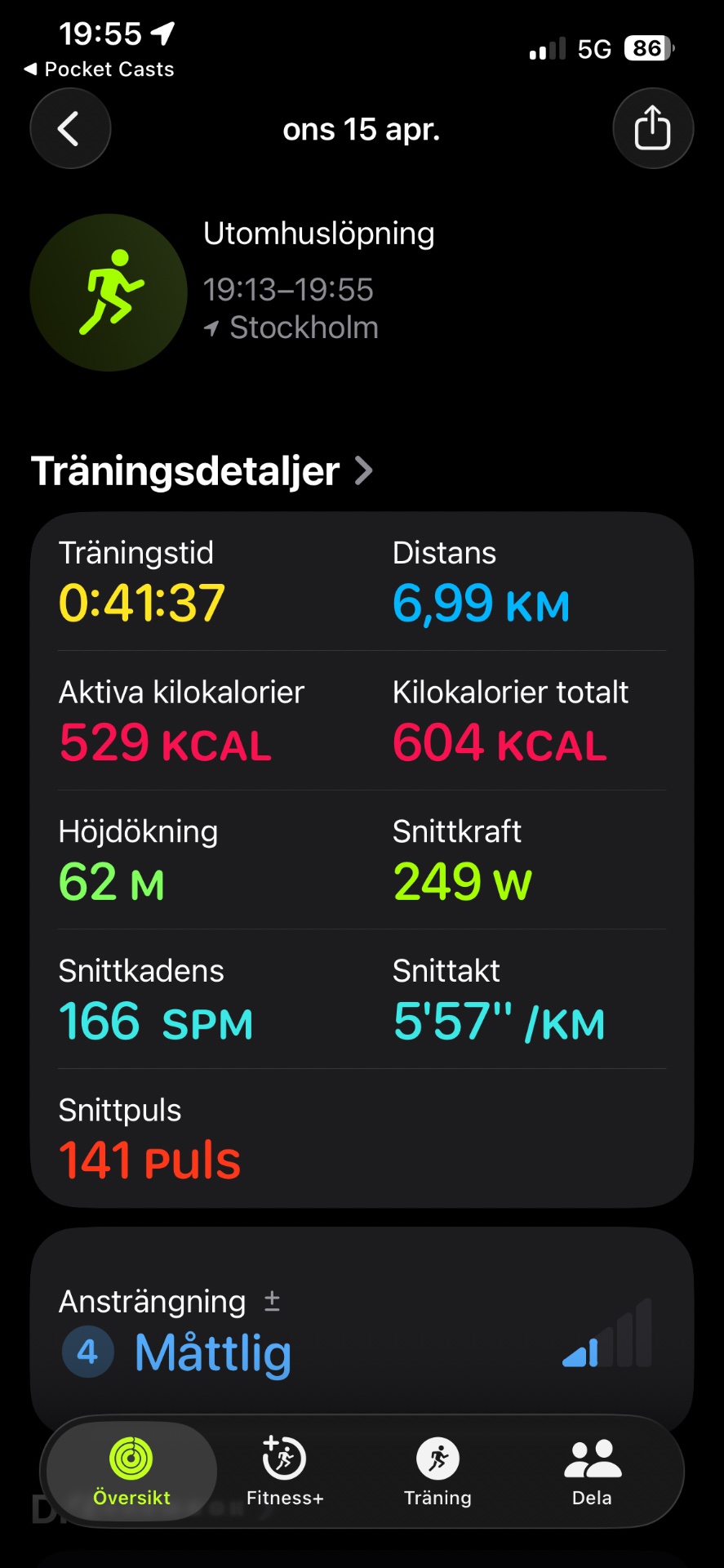 An outdoor running session in Stockholm covering 6.99 km in 41 minutes and 37 seconds, burning 604 calories with an average pace of 5'57"/km.