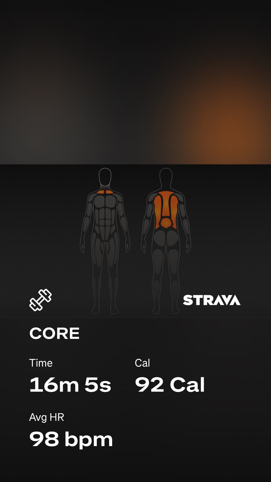 A quick core workout session tracked via Strava, focusing on abdominal and back muscles with 16 minutes of targeted training that burned 92 calories at an average heart rate of 98 bpm.