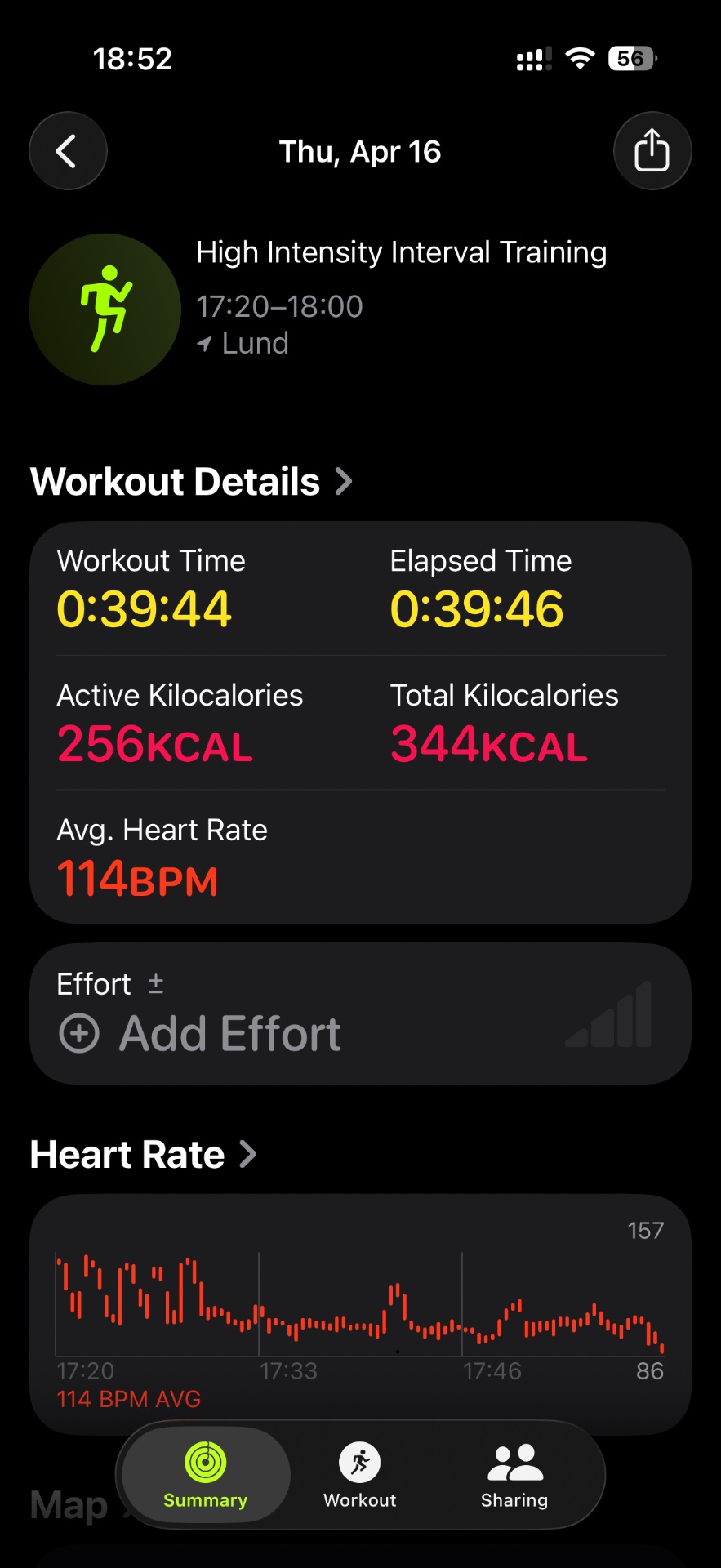 High Intensity Interval Training (HIIT) session lasting 39 minutes with an average heart rate of 114 BPM, burning 256 active calories. This intense cardio workout from Lund shows strong cardiovascular effort with peak heart rates reaching 157 BPM!