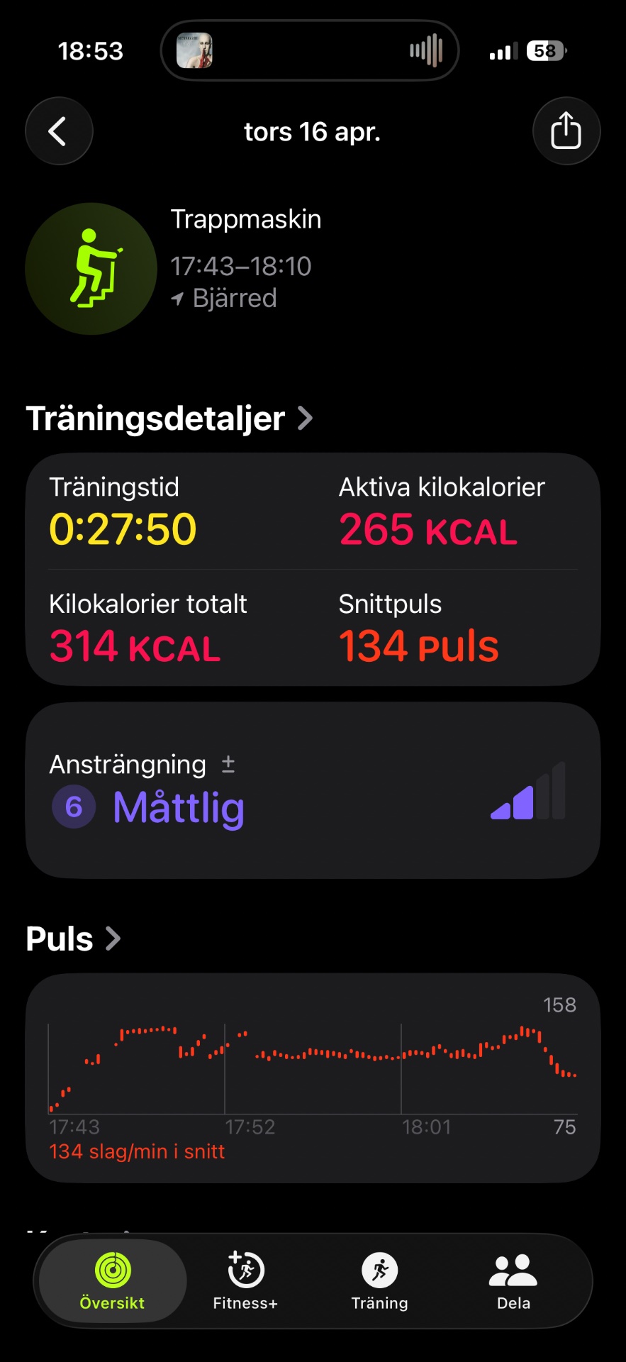 Stair climbing workout (Trappmaskin) lasting 27 minutes and 50 seconds, burning 265 active calories with an average heart rate of 134 bpm. An intense lower body cardio session!