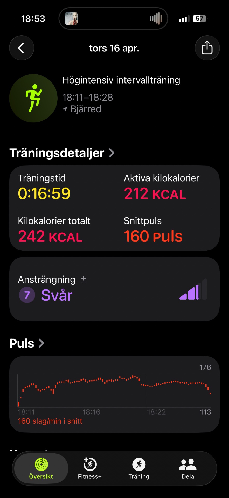 High-intensity interval training session lasting 17 minutes with 212 calories burned and an average heart rate of 160 bpm. An intense cardio workout that pushed the limits!