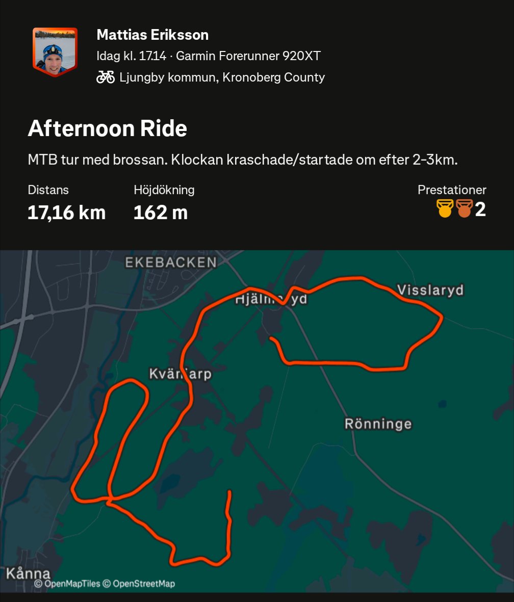 An afternoon mountain bike ride covering 17.16 km with 162 m of elevation gain in Ljungby kommun, Sweden. A fun off-road cycling adventure with some technical terrain!