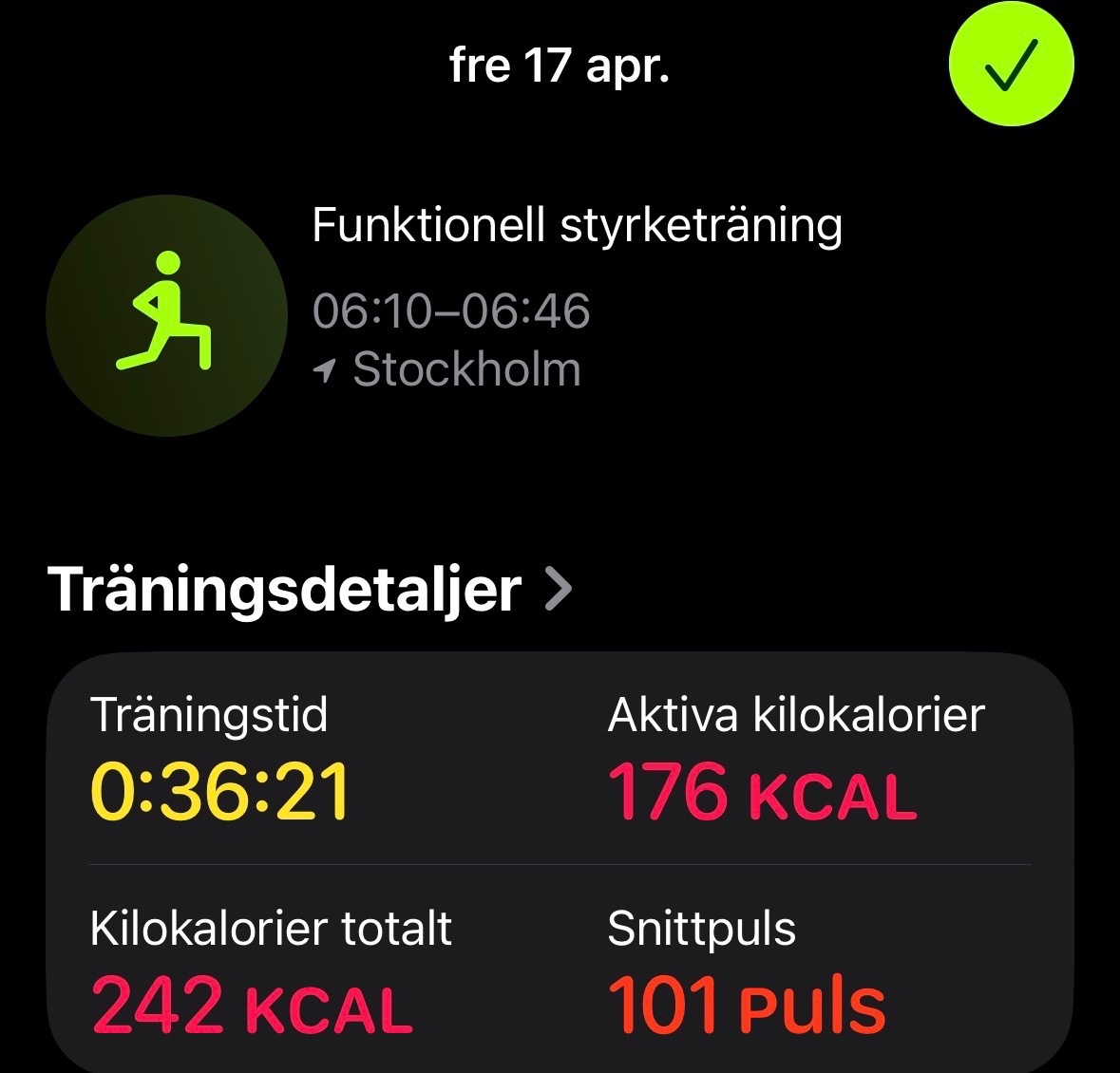 Functional strength training session completed in Stockholm on April 17th, lasting 36 minutes with 176 active calories burned and 101 heart rate peaks. A solid early morning workout combining dynamic movement and cardiovascular effort!