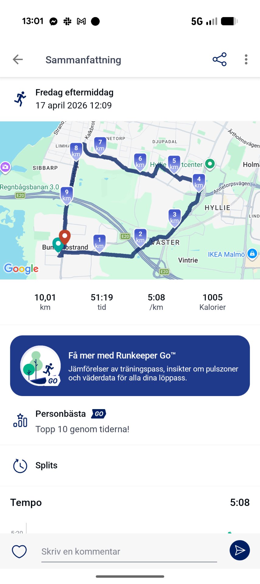 A fantastic 10.01 km run completed in 51 minutes and 19 seconds at an average pace of 5:08/km, burning 1005 calories! This Friday afternoon run tracked through the Runkeeper Go app shows a great route through the Malmö area with solid consistent pacing.