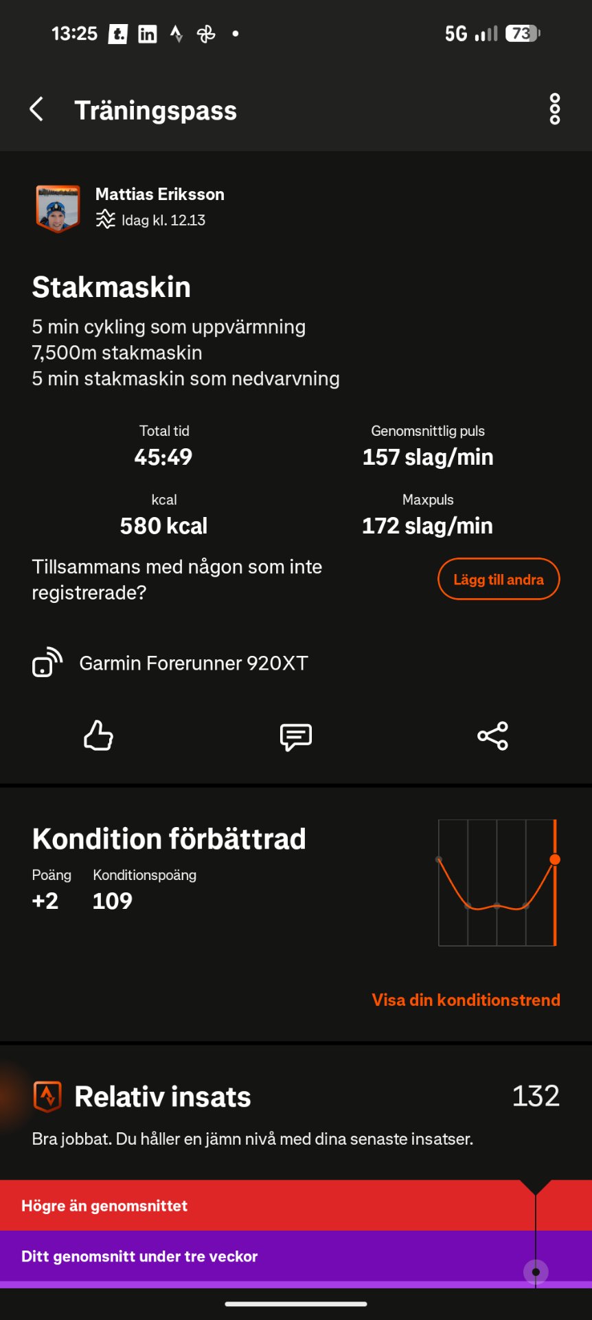 A dynamic 45-minute staking mask workout combining 5 minutes of cycling warm-up, 7,500m of staking mask exercise, and 5 minutes of cool-down, burning 580 kcal with an average heart rate of 157 bpm.