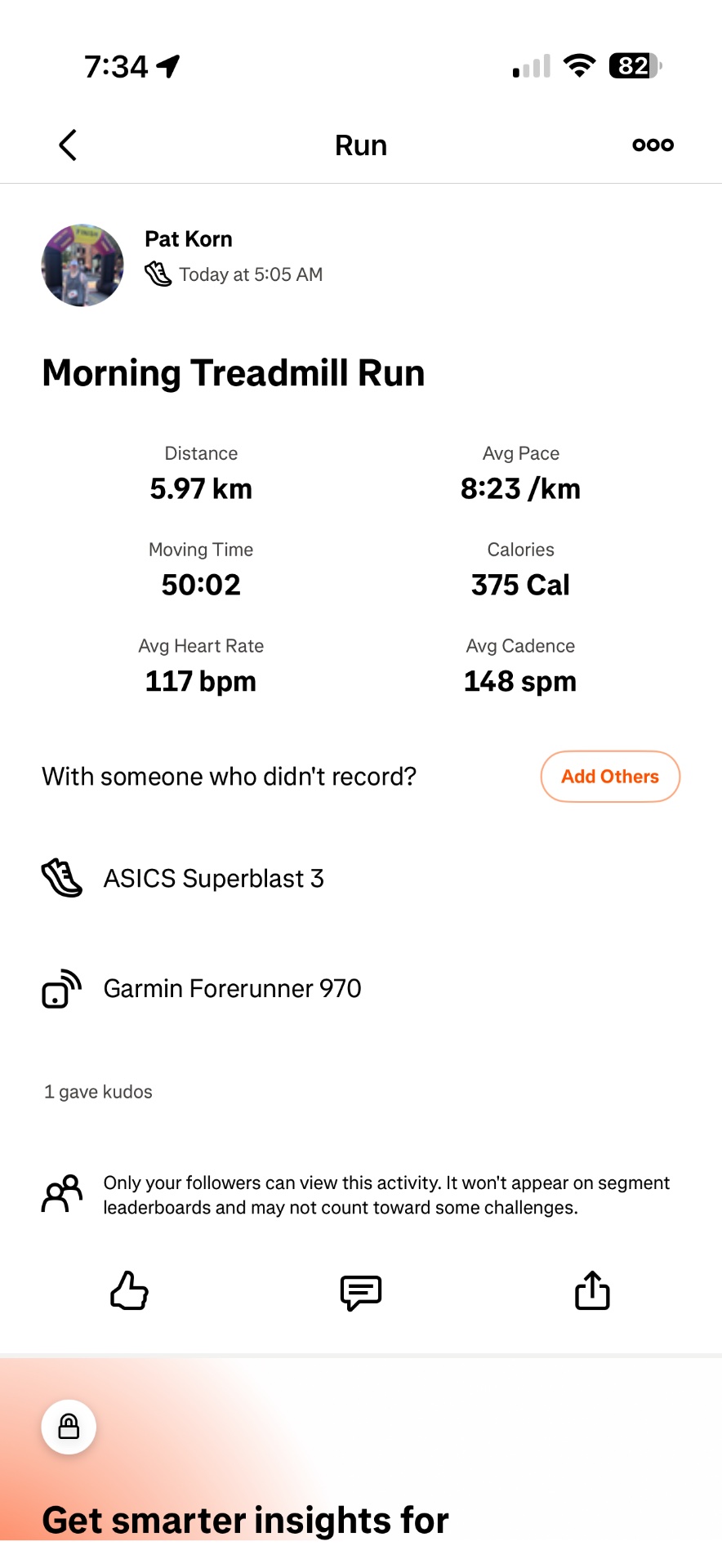 An impressive morning treadmill run covering 5.97 km in 50 minutes at an 8:23/km pace, burning 375 calories with an average heart rate of 117 bpm. A solid cardio session tracked on Garmin!