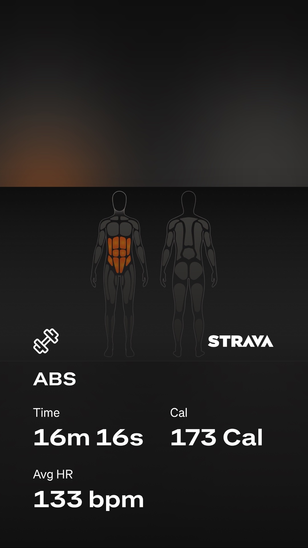 A focused ab workout session tracked on Strava! This 16-minute core training burned 173 calories with an average heart rate of 133 bpm, showing solid intensity for abdominal exercises.