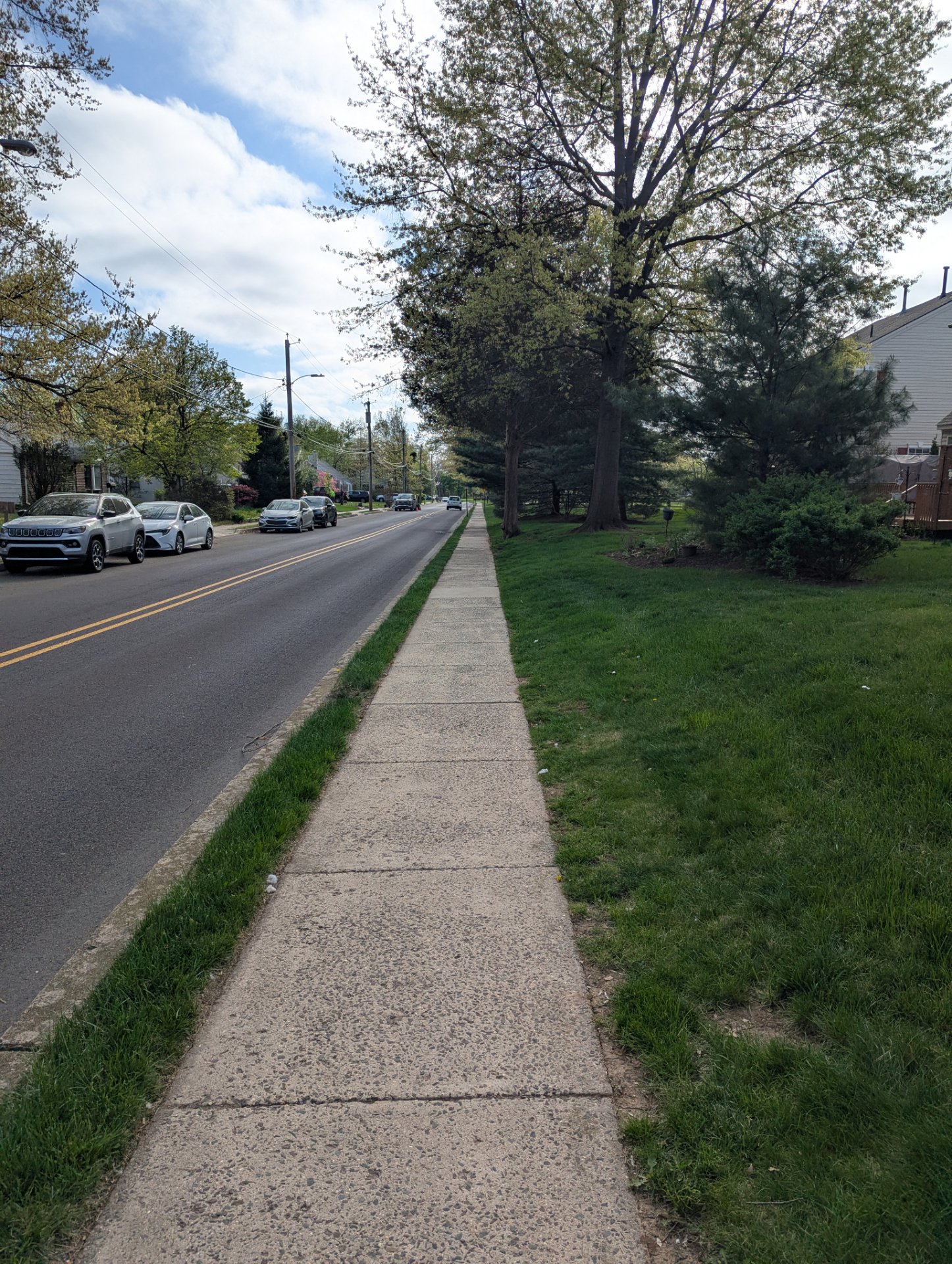 A scenic neighborhood walk or run along a tree-lined residential street with a clear sidewalk path. Perfect for a steady-paced outdoor cardio session in great weather!