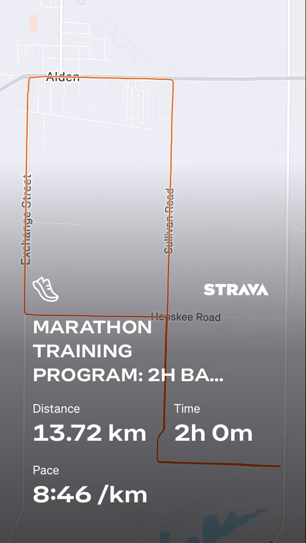 Marathon training run covering 13.72 km in 2 hours with an 8:46/km pace. This is a solid long-distance training session as part of a structured marathon preparation program!