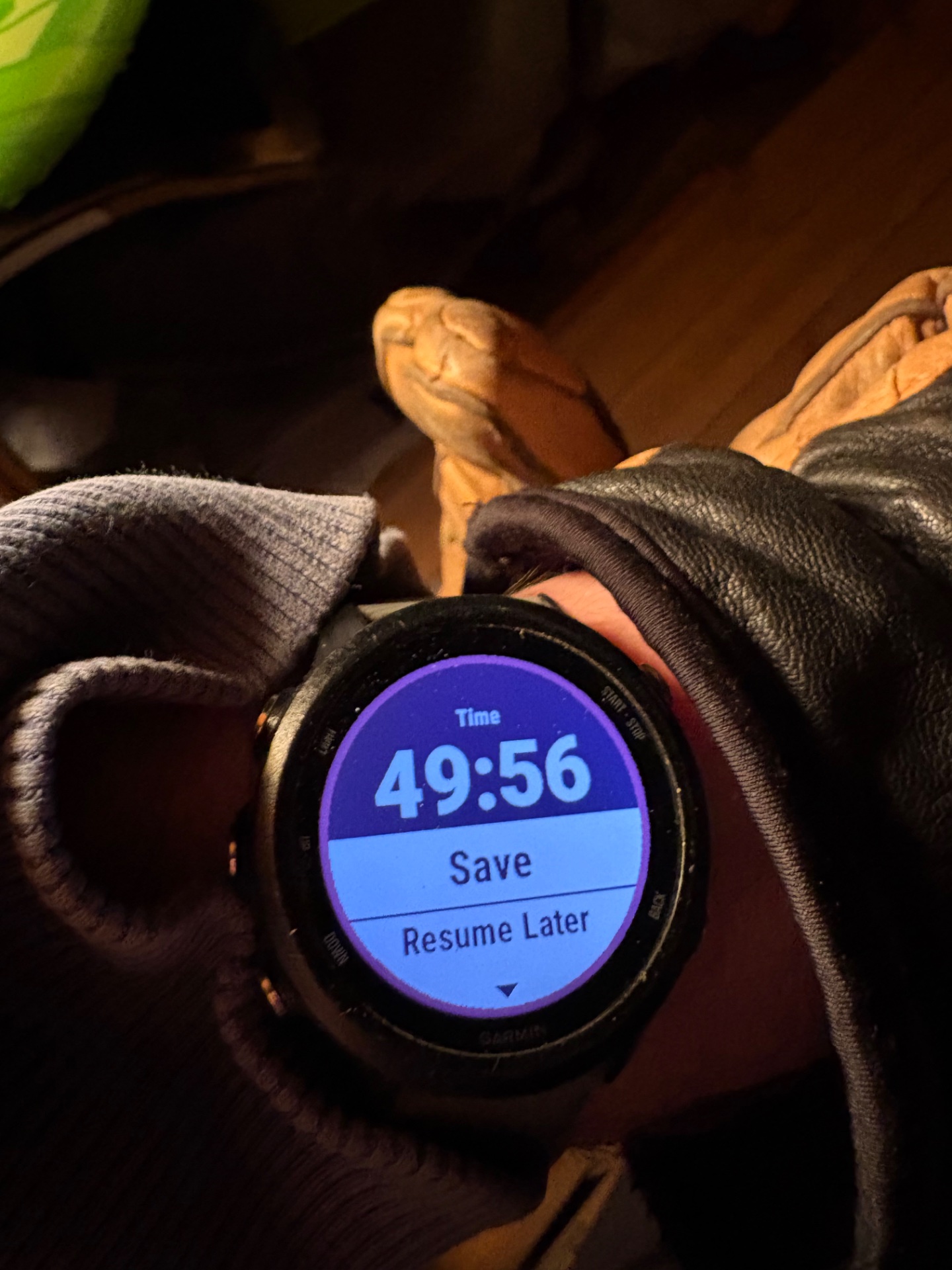 Nearly 50 minutes of cardio tracked on a smartwatch! This is a solid endurance session captured mid-workout, with the timer showing 49:56 and options to save or resume the activity.