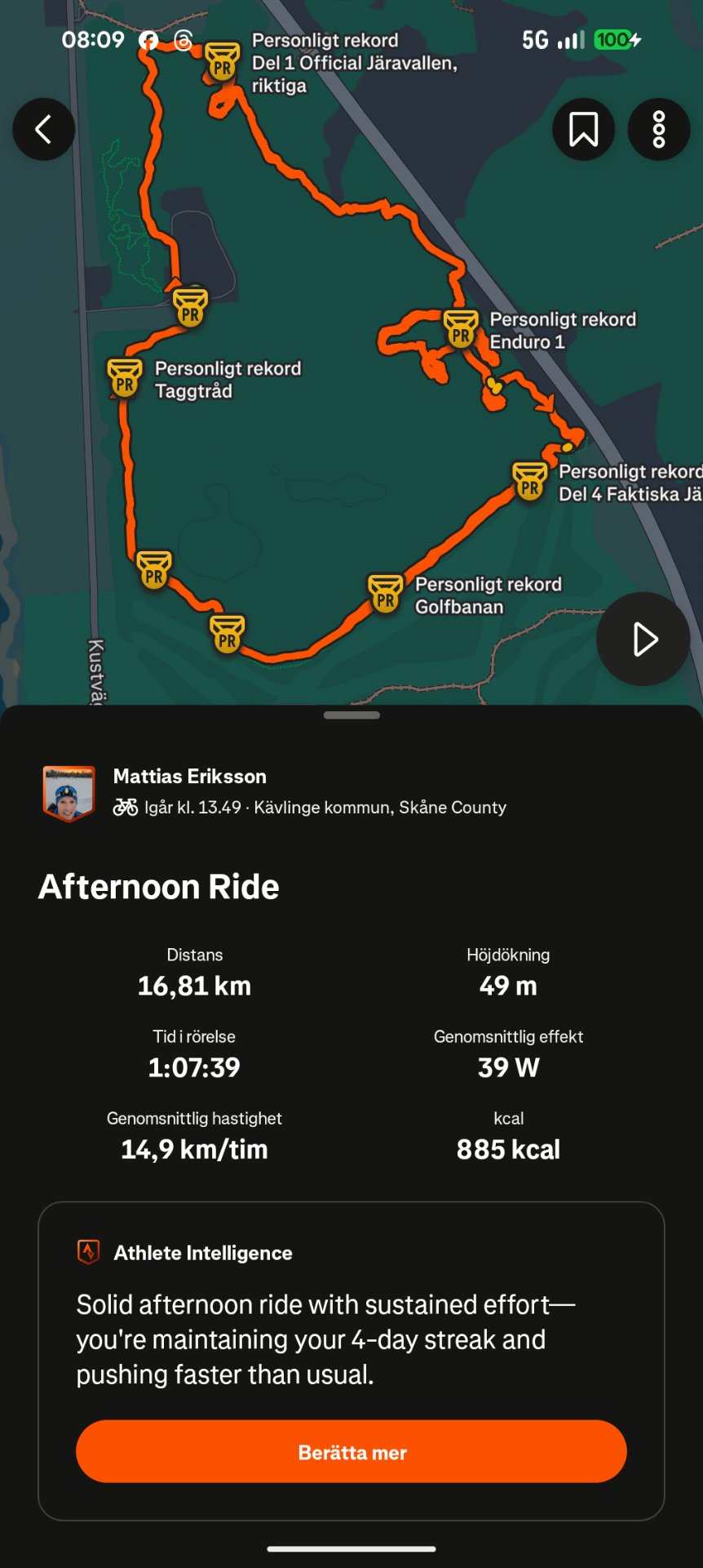 Afternoon cycling ride covering 16.81 km in 1 hour 7 minutes with an average speed of 14.9 km/h. A solid sustained effort maintaining a 4-day streak!