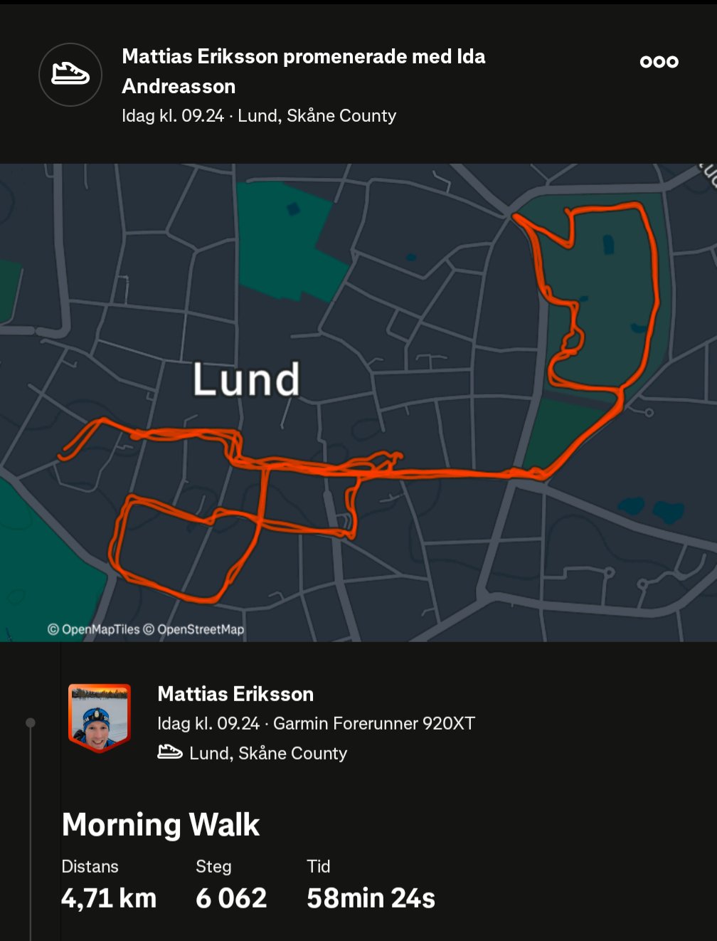 A morning walk in Lund covering 4.71 km with 6,062 steps in 58 minutes and 24 seconds, tracked on Garmin Forerunner 920XT. A solid outdoor walking session!