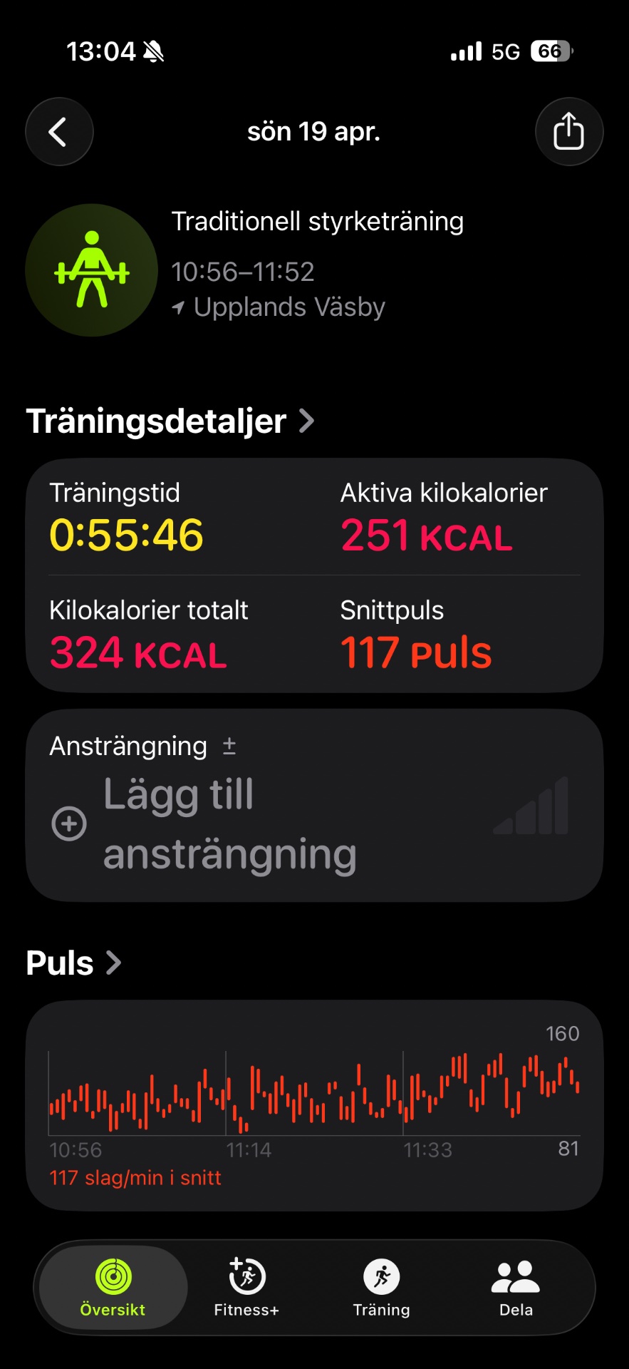 Traditional strength training session lasting 56 minutes at Upplands Väsby gym, burning 251 active calories with 117 beats per minute average heart rate.