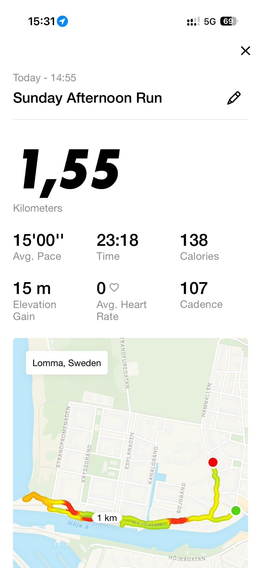 A scenic Sunday afternoon run in Lomma, Sweden covering 1.55 kilometers in 23 minutes 18 seconds with an average pace of 15'00" per kilometer. The route map shows a pleasant waterfront path with 15 meters of elevation gain.