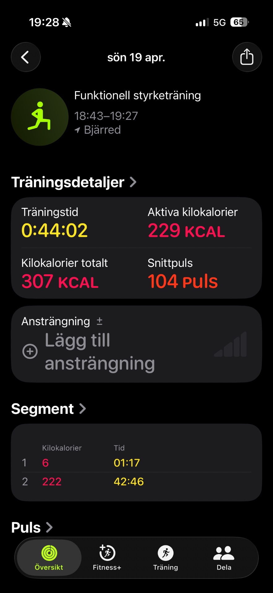 Functional strength training session lasting 44 minutes with 229 active calories burned and 104 heart rate pulses recorded. This workout combined dynamic movements with cardiovascular elements for a complete functional fitness session.