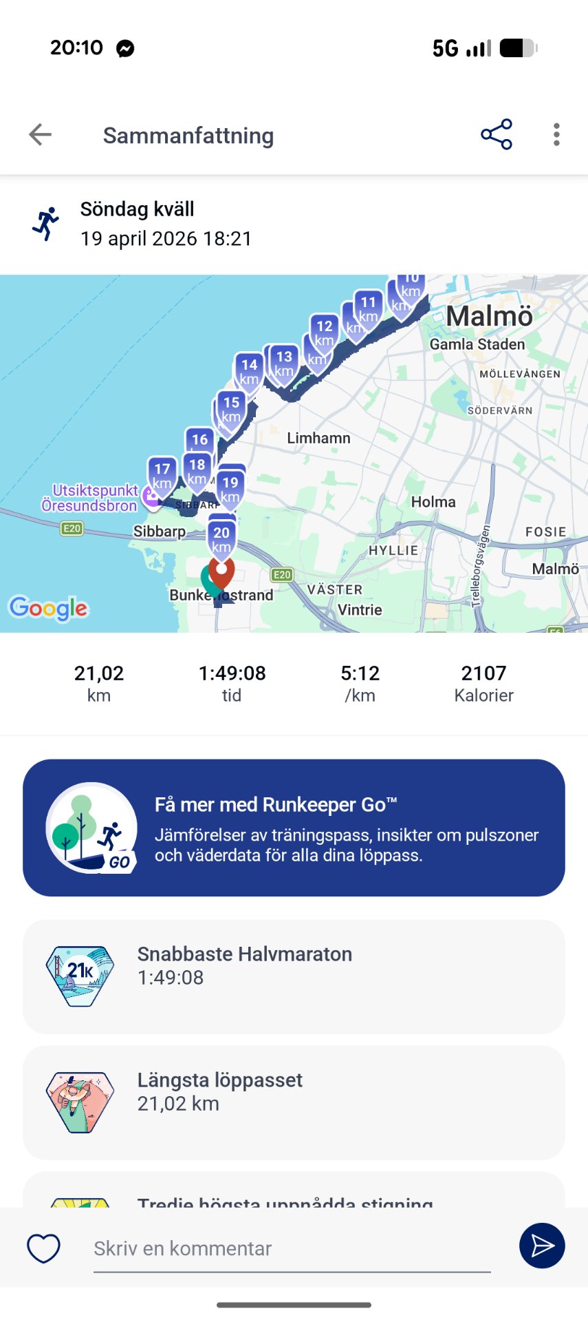 An impressive 21 km half marathon run completed in 1 hour 49 minutes through Malmö, Sweden! This is a fantastic cardio workout covering multiple kilometers with consistent pacing.