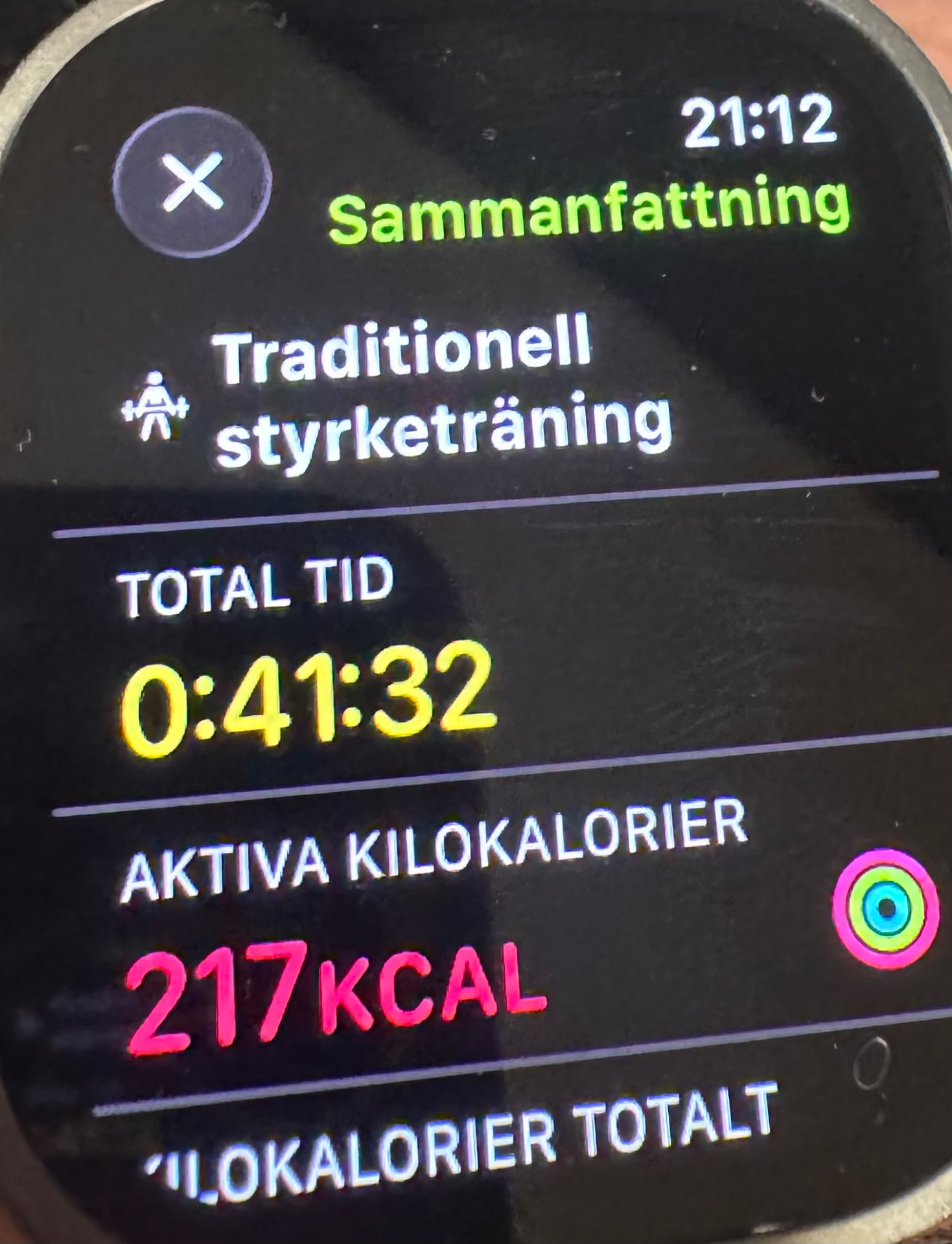 A traditional strength training session lasting 41 minutes and 32 seconds, burning 217 active kilocalories. This is a focused resistance workout captured on a fitness tracker.