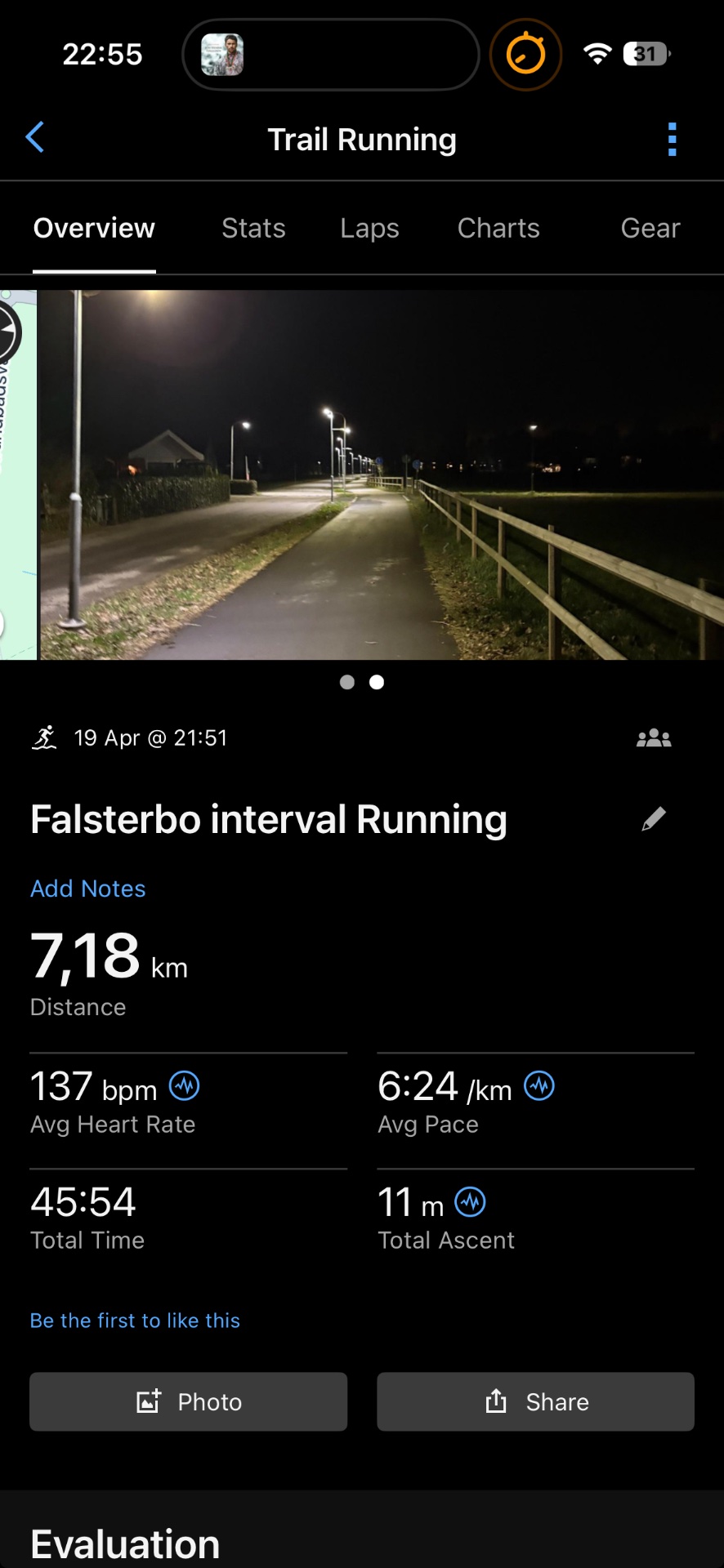 An impressive trail running session covering 7.18 km with Fälsterbo interval running! This nighttime run clocked 45:54 total time with an average pace of 6:24/km and solid heart rate effort at 137 bpm.