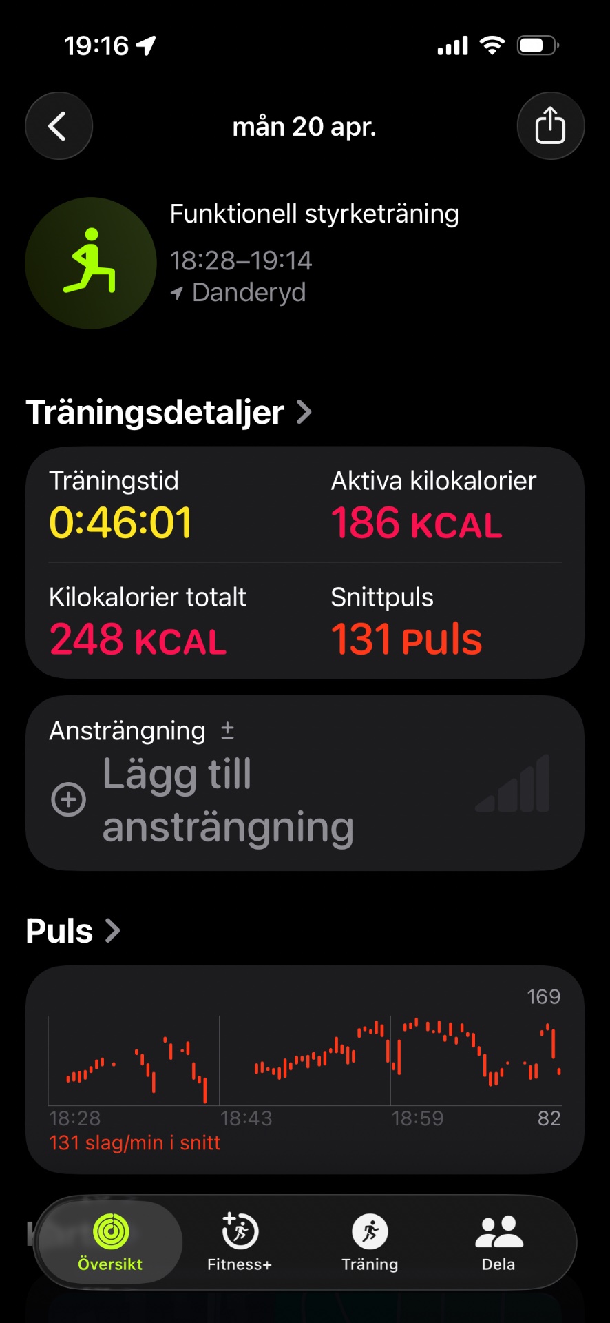 Functional strength training session lasting 46 minutes with 186 active calories burned and a peak heart rate of 169 bpm. This workout combined resistance exercises with cardiovascular elements for a complete functional fitness session.