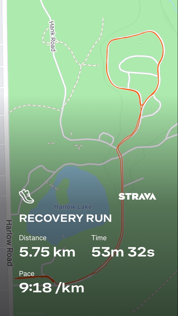 A recovery run of 5.75 km completed in 53 minutes 32 seconds at a comfortable 9:18/km pace, tracked via Strava near Harlow Lake. Great steady-state cardio work!