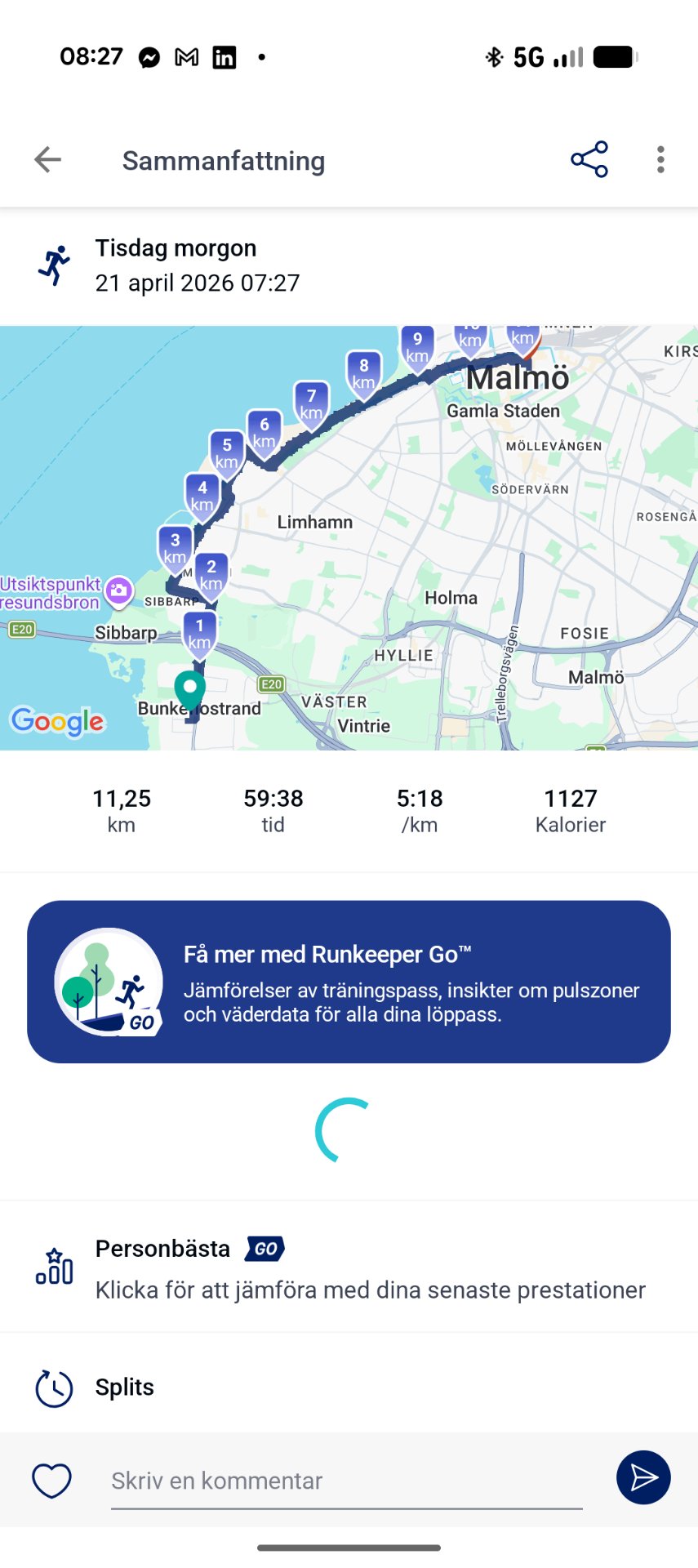 Early morning run in Malmö, Sweden covering 11.25 km in 59 minutes and 38 seconds at a steady 5:18 per km pace, burning 1127 calories!