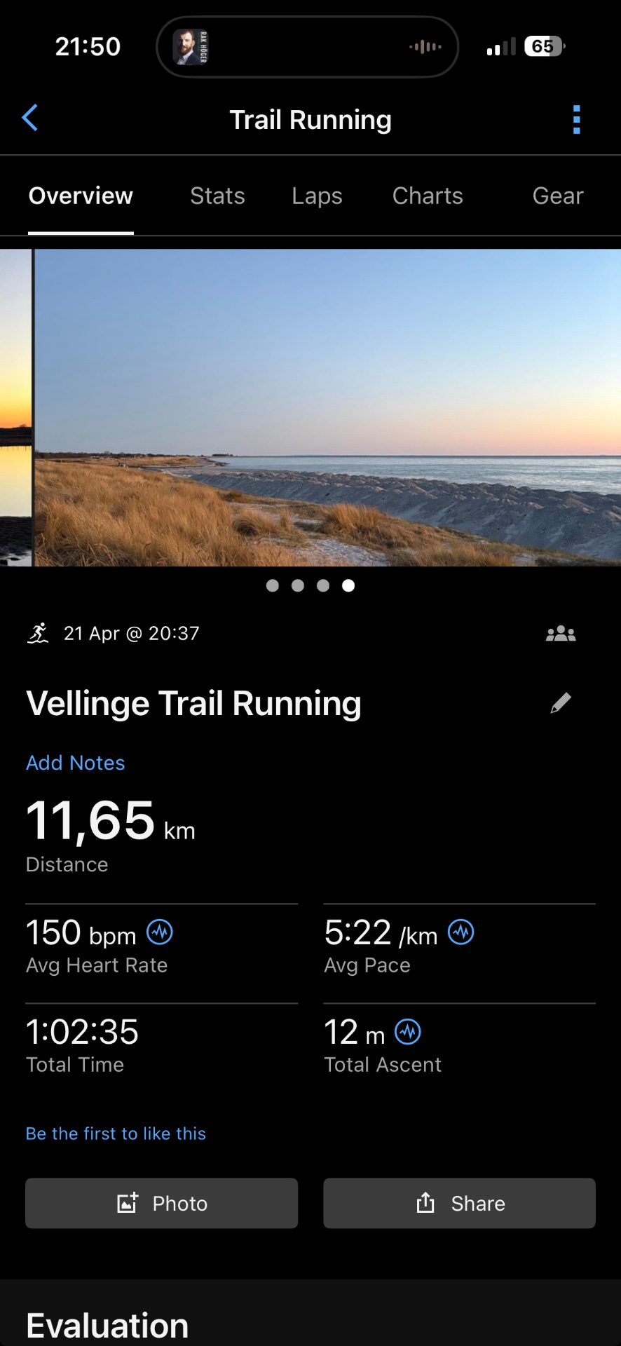 An impressive 11.65 km trail running session at Vellinge with beautiful coastal scenery! Completed in just over an hour at a solid 5:22/km pace with an average heart rate of 150 bpm.
