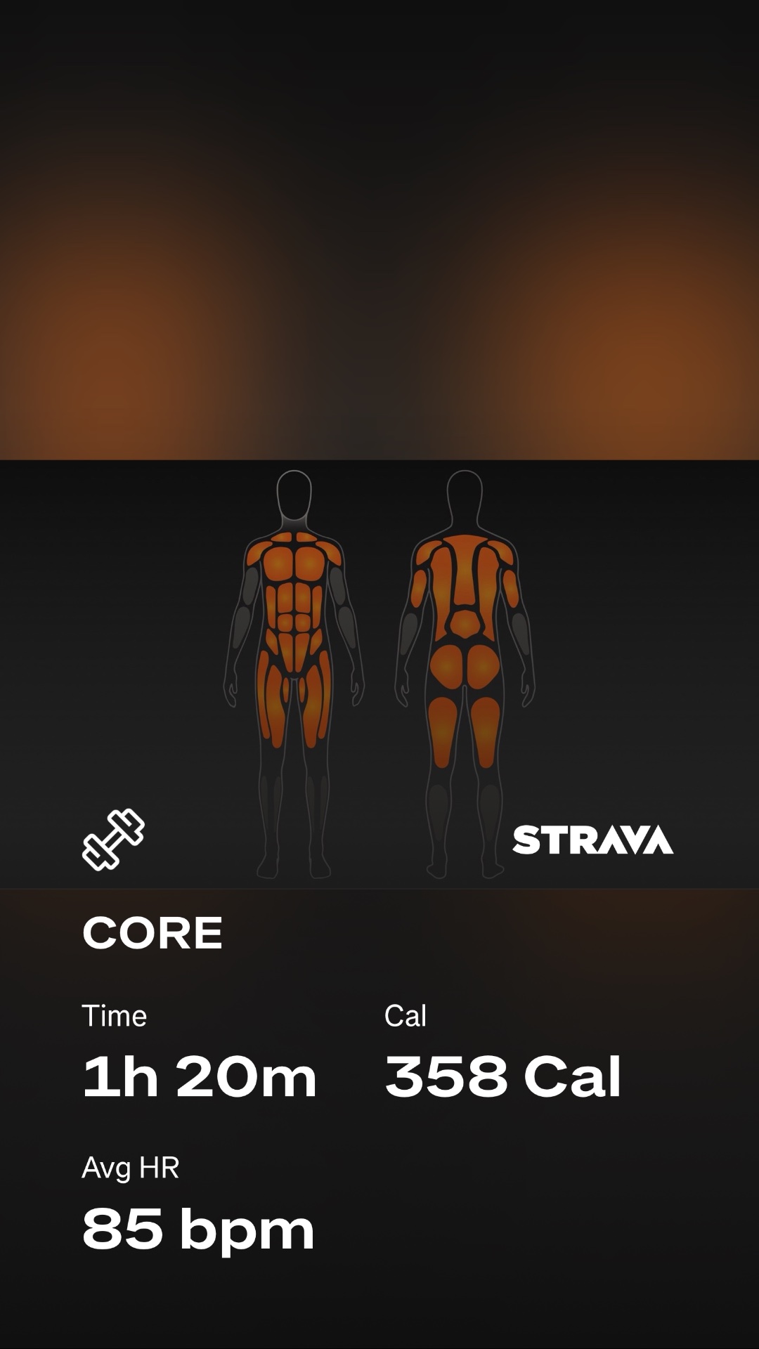 A Strava workout screenshot showing a core-focused cardio session lasting 1 hour 20 minutes with 358 calories burned and an average heart rate of 85 bpm. The body heat map highlights significant core engagement throughout the activity.