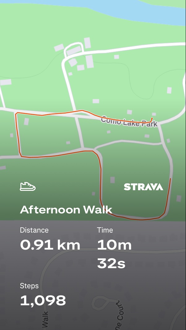 A refreshing afternoon walk captured on Strava, covering 0.91 km around Como Lake Park in just over 10 minutes with 1,098 steps logged.